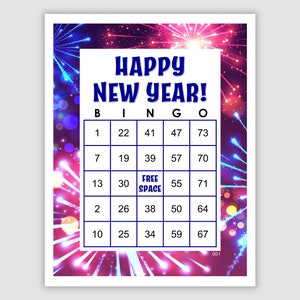 50 New Year's Bingo Cards Pdf Download, 1, 2, and 4 Per Page, Instant Printable Fun New Year Party Game, Fireworks