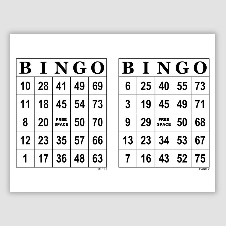 Simple black and white standard 75 call bingo card pdf that prints 2 per page