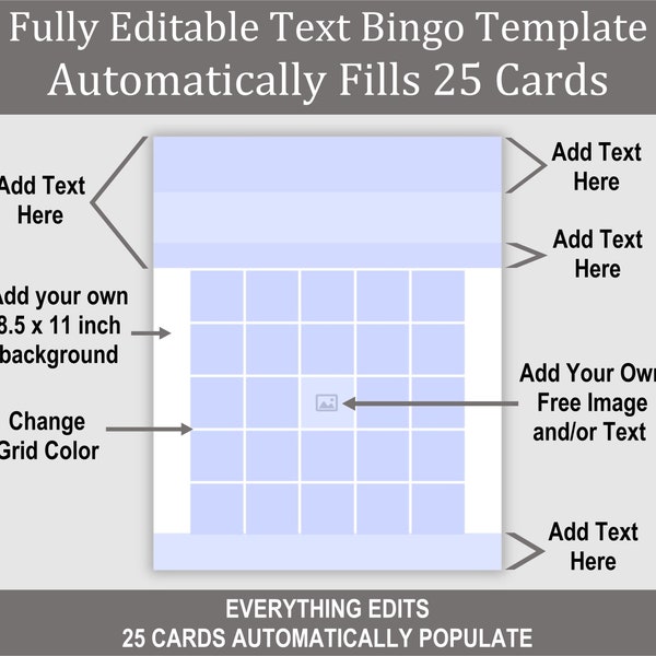 25 Card Editable Text Bingo Template, Everything Edits, Auto-Fills 25 Bingo Cards Using 36 Calls, PDF Download, DIY Bingo Card Generator