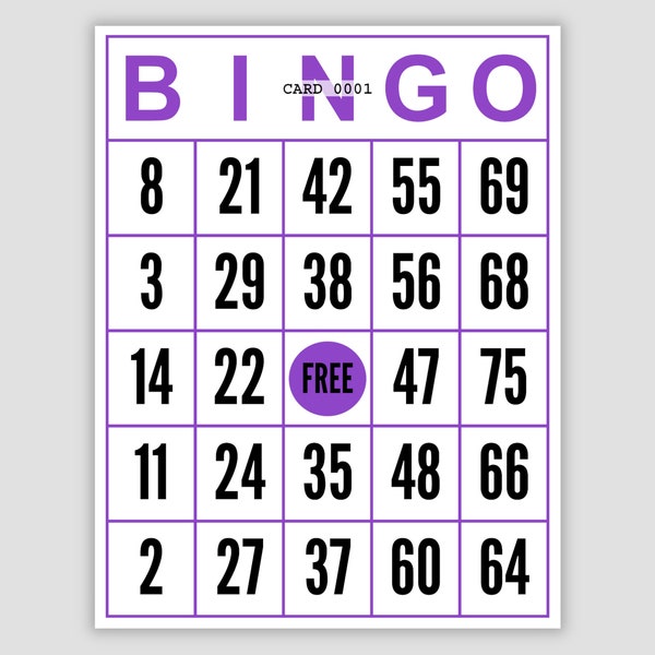 1000 Jumbo Bingo Cards Pdf Download, 1 Per Page, Instant Printable Fun Party Game, Purple