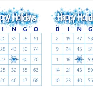 100 Happy Holidays Bingo Cards, 2 per page, Blue Snowflake, Fun Christmas Party Game, Instant pdf download