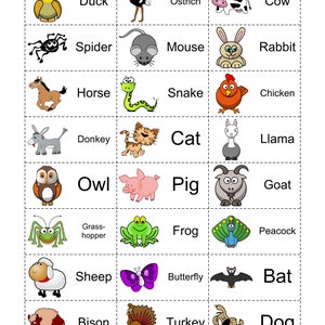 May include: A colorful chart with illustrations of various animals, including a duck, ostrich, cow, spider, mouse, rabbit, horse, snake, chicken, donkey, cat, llama, owl, pig, goat, grasshopper, frog, peacock, sheep, butterfly, bat, bison, turkey, and dog. Each animal is labeled with its name.