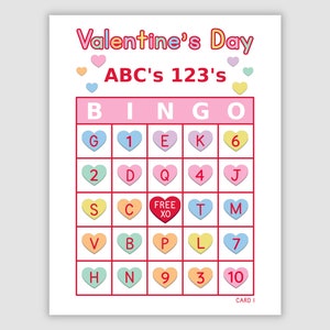 100 Valentine’s Day ABC's & 123's Bingo Cards Pdf Download, 1 and 2 Per Page, 34 Call, Instant Printable Fun Party Game