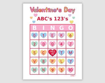 100 Valentine’s Day ABC's & 123's Bingo Cards Pdf Download, 1 and 2 Per Page, 34 Call, Instant Printable Fun Party Game