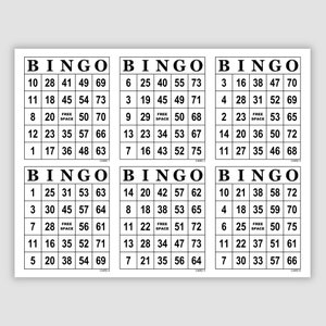 Simple black and white standard 75 call bingo card pdf that prints 6 per page