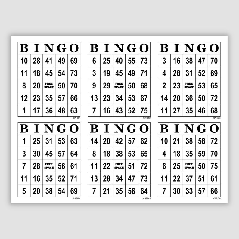 Simple black and white standard 75 call bingo card pdf that prints 6 per page