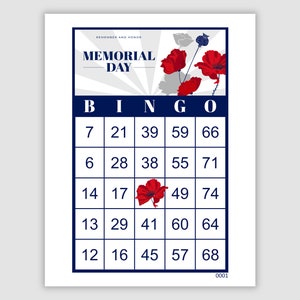 100 Memorial Day Bingo Cards Pdf Download, 1, 2, and 4 Per Page, Instant Printable Fun Party Game, Poppies