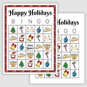 50 Holiday Bingo Cards, 1 and 2 Per Page, Instant Printable Party Game Pdf Download, Hanukkah and Christmas Images, Chrismukkah Bingo Cards