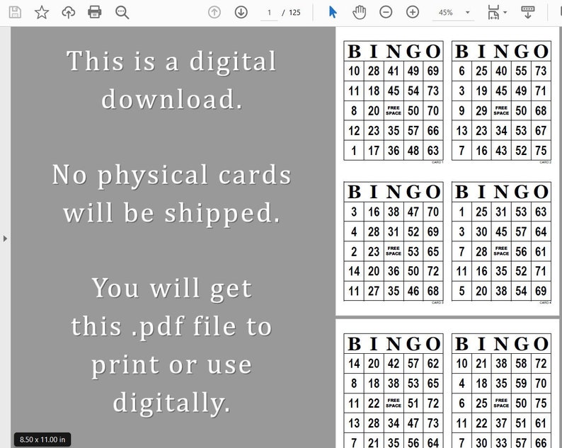 Screenshot of 4 per page bingo card pdf