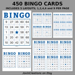 May include: A collection of 450 bingo cards with 5 layouts, including 1, 2, 4, 6, and 9 cards per page. The cards feature blue text and number combinations, perfect for game nights and events. The Etsy shop name "JovinCreations" is at the bottom.