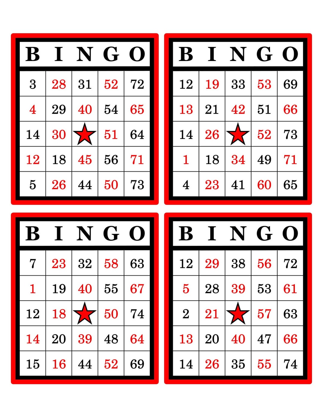 Bingo Cards 1000 Cards 4 per Page Instant Pdf Download Red - Etsy