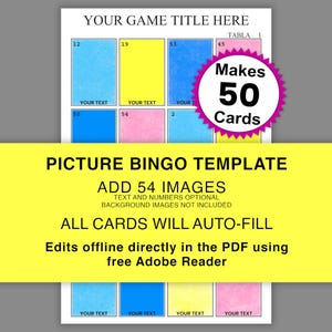 Picture Bingo Template, 50 Cards, 54 Calls, Add Images and Text, Cards Auto-Fill, 4 x 4 Mexican Style Lottery Game Mexican Bingo Cards