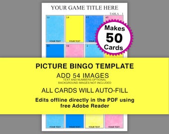 Picture Bingo Template, 50 Cards, 54 Calls, Add Images and Text, Cards Auto-Fill, 4 x 4 Mexican Style Lottery Game Template