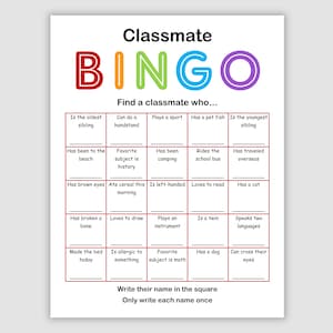 50 Bingo Cards Pdf Download, 1 Per Page, Instant Printable Fun Classmate Party Game