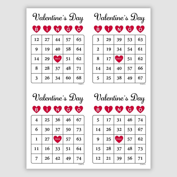 500 Valentine’s Day Bingo Cards Pdf Download, 1, 2, and 4 Per Page, Instant Printable Fun Party Game, Hearts