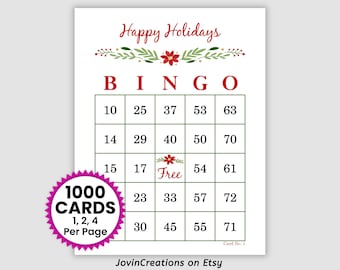 1000 Happy Holidays Bingo Cards Pdf Download, 1, 2, and 4 Per Page, Instant Printable Fun Holiday Party Game Christmas Bingo Cards
