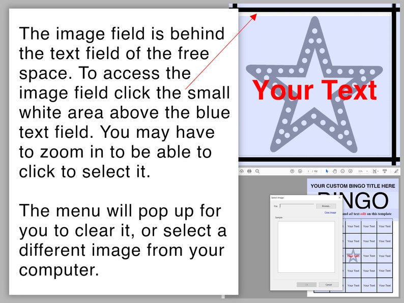 May include: A customisable bingo card template featuring a grey and white star design. The text "Your Text" is displayed in red on the star. The template has a space for a custom bingo title and a space for a custom image.
