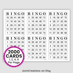 2000 Jumbo Printable Bingo Cards Pdf Download, 1, 2, 4, and 6 Per Page, Fun Party Game, Large Print Simple Black and White