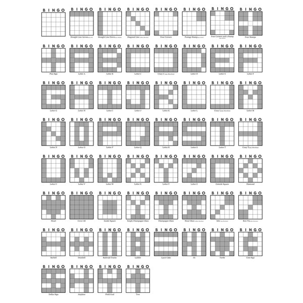 Bingo Patterns Pdf Download, Prints 1 and 50 + Per Page, Instant Printable Fun Bingo Party Game