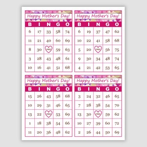 1000 Mother's Day Bingo Pdf Download, 1, 2,  and 4 Per Page, 75 call, Instant Printable Fun Party Game, Hearts