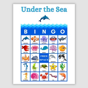 100 Bingo Cards Pdf Download, 1 and 2 Per Page, Instant Printable Fun Party Game, Under The Sea Picture Bingo, Memory Game