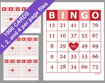 1000 Valentine’s Day Bingo Cards Pdf Download, 1, 2, 4 Per Page, Instant Printable Fun Party Game
