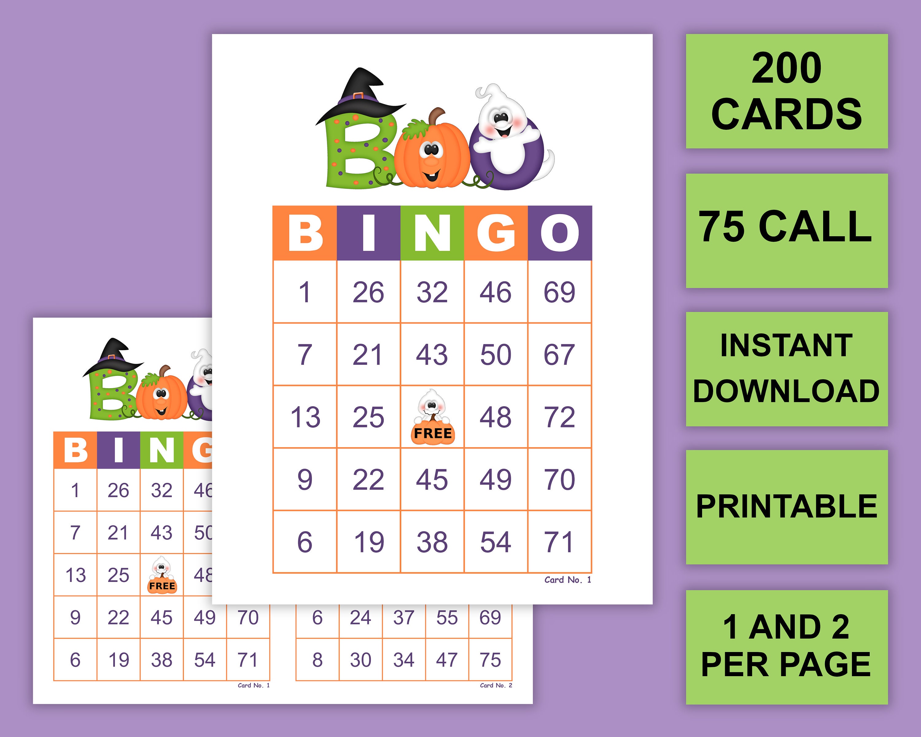 Halloween Bingo Cards 200 Cards 1 and 2 per Page Instant - Etsy