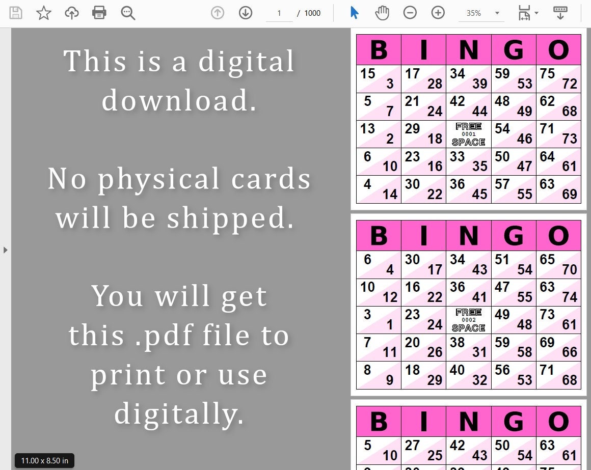 1000 Double Bingo Cards Pdf Download, 1, 2, and 4 per Page, Instant ...