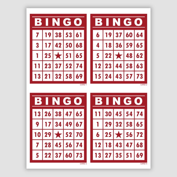 1000 Bingo Cards Pdf Download, 1, 2, and 4 Per Page, Instant Printable Fun Party Game, Retro Red