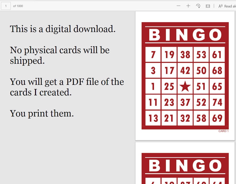 Bingo Cards 1000 Cards 1 per Page Instant Pdf Download | Etsy