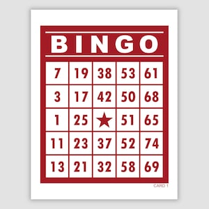 1000 Bingo Cards Pdf Download, 1 Per Page, Instant Printable Fun Party Game, Retro Red