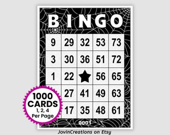 Halloween Bingo Cards Pdf Download, 1, 2, and 4 Per Page, Black Spider Web, Instant Printable Halloween Party Game, 1000 Unique Cards