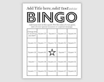 50 Card Editable Bingo Template, 48 calls, DIY Custom Bingo Cards, Use for Editable Find the Guest Template