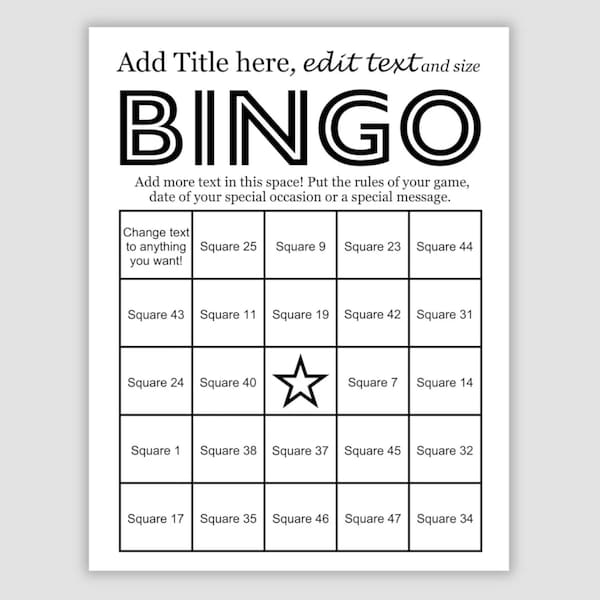 50 Card Editable Bingo Template, 48 calls, DIY Custom Bingo Cards, Use for Editable Find the Guest Template