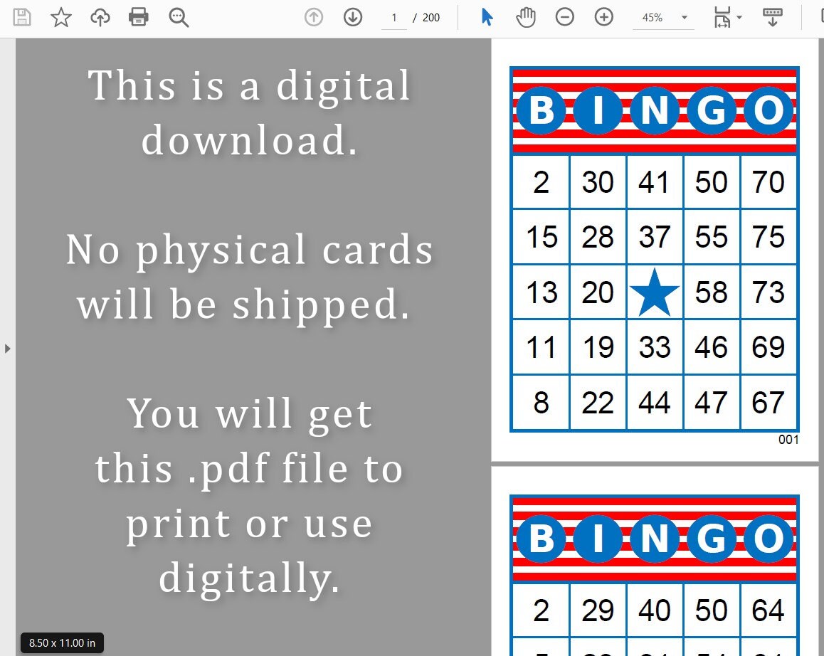 200 Patriotic Bingo Cards Pdf Download, 1, 2, and 4 per Page, Instant ...