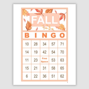 May include: A fall-themed bingo card with orange and brown leaves in the corners. The card has the word "FALL" in a white box with an orange border. The word "BINGO" is in a white box with an orange border. The numbers on the card are 10, 28, 34, 57, 71, 14, 19, 42, 54, 70, 11, 23, "Free Space", 53, 63, 15, 21, 31, 58, 65, 6, 22, 36, 51, 62.