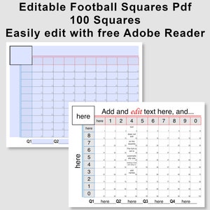 May include: A printable PDF template for a football squares game. The template has 100 squares with numbers 1-9 and 0 along the top and side. The text "Add and edit text here, and..." is written in red. The text "Editable Football Squares Pdf 100 Squares Easily edit with free Adobe Reader" is at the top of the page.