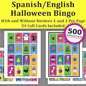 500 Halloween Bingo Cards, 54 Call Cards, Spanish and English Printable Bingo PDF, Community Classroom and Family Friendly Halloween Game