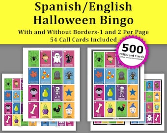 500 Halloween Bingo Cards, 54 Call Cards, Spanish and English Printable Bingo PDF, Community Classroom and Family Friendly Halloween Game