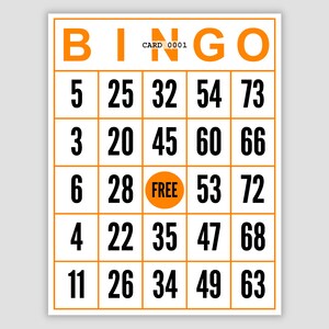 1000 Jumbo Bingo Cards Pdf Download, 1 Per Page, Instant Printable Fun Party Game, Orange