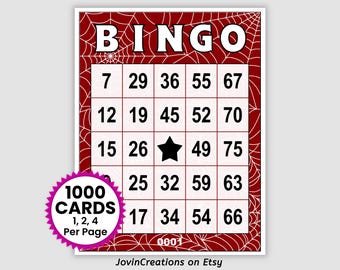 Halloween Bingo Cards Pdf Download, 1, 2, and 4 Per Page, Red Spider Web, Instant Printable Halloween Party Game, 1000 Unique Cards