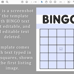 May include: A printable bingo card template with a blue background and black grid lines. The word "BINGO" is at the top of the card in large, black letters with white polka dots. The card has a free space in the centre.