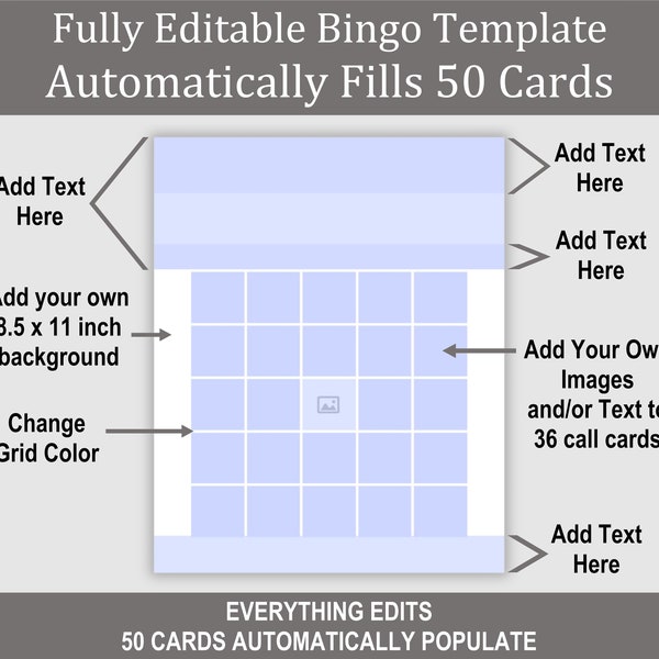 50 Card Editable Picture and/or Text Bingo Card Template, Everything Edits, 36 Call Bingo Game, PDF Download, DIY Bingo Card Generator