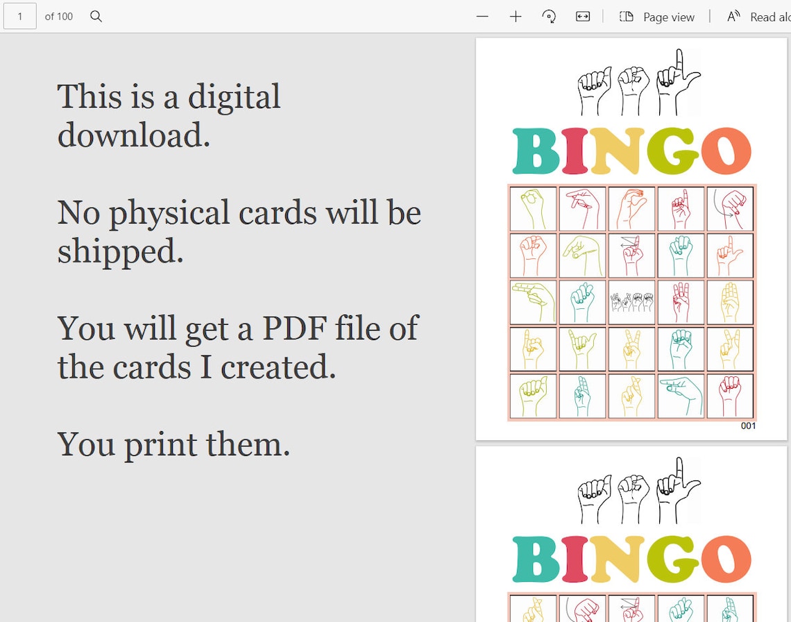 100 ASL Bingo Cards Prints 1 and 2 per Page Instant Pdf | Etsy