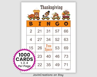 1000 Thanksgiving Bingo Cards, 1, 2, and 4 Per Page, Instant Printable Fun Party Game Pdf Download, Turkey Bingo