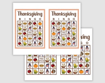 Op de afbeelding: Drie printbare Thanksgiving Bingo-kaarten met afbeeldingen van een hoorn des overvloeds, een pelgrimhoed, een pompoen, een taart, een appel en maïs. De kaarten hebben bovenaan de tekst "Thanksgiving Bingo".