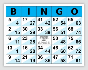 May include: A blue and white bingo card with numbers 1 to 75. The centre square is marked "FREE SPACE".