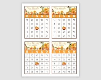 May include: Four Thanksgiving bingo cards with a fall theme. Each card has a grid with 25 squares, with numbers 1-75. The cards have a watercolor design with pumpkins, leaves, and flowers.