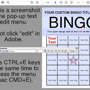 May include: A blue and white bingo card template with the text "YOUR CUSTOM BINGO TITLE HERE" and "BINGO" in black text. The card has a free space with a star and the text "Your Text". The text "Free space image and all text edit on this template" is in red text.