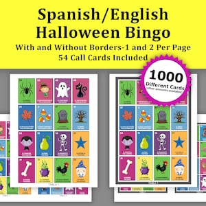May include: A Halloween Bingo game with Spanish and English text. The game features cards with colourful illustrations of spiders, ghosts, and other Halloween-themed images. The text on the cards includes phrases like "La araña the spider" and "El fantasma the ghost".